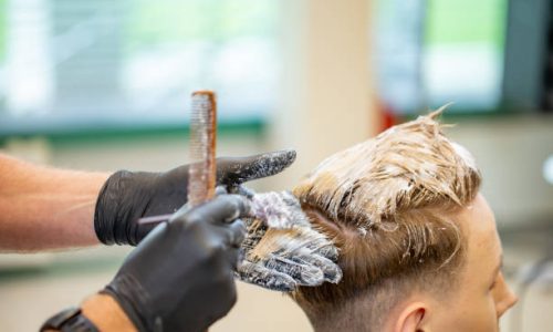 Hairdresser Bleaching Hair of a Young Adult Man.